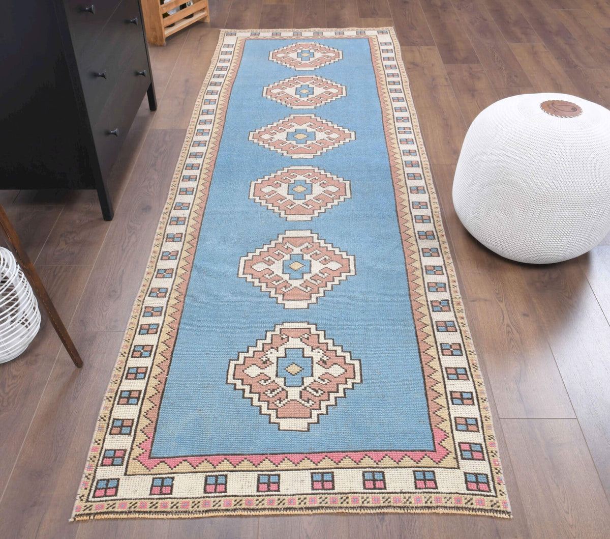 El yapımı vintage yolluk 97x290 cm geometrik desenli yün - detay görünümü