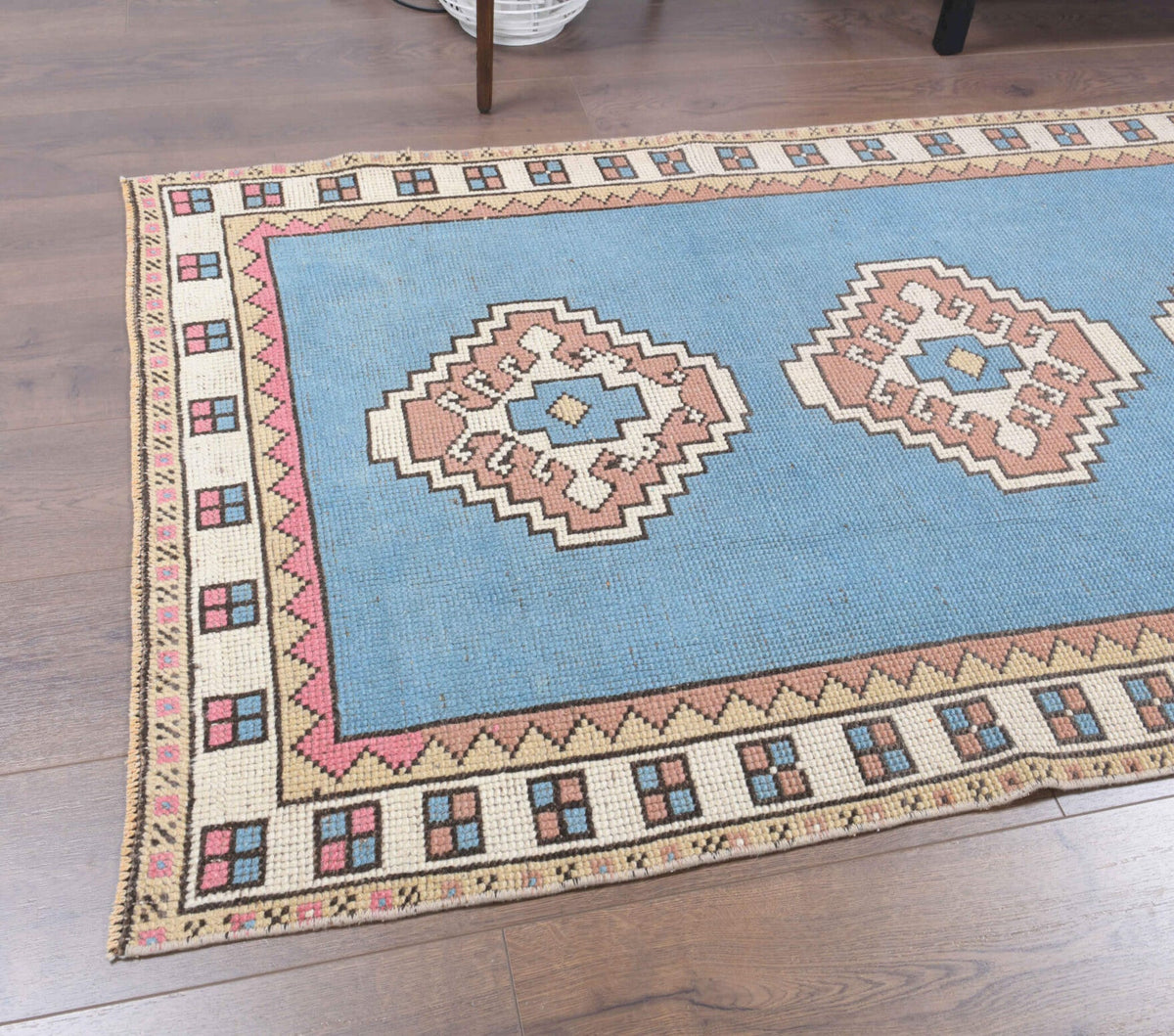 El yapımı vintage yolluk 97x290 cm geometrik desenli yün - kenar ve saçak detayı