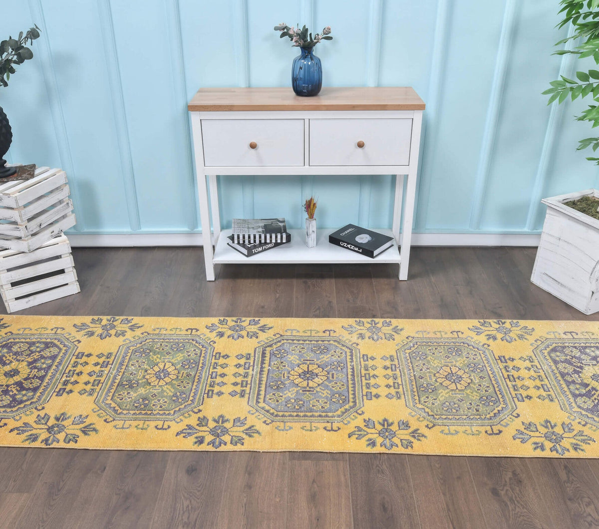 El yapımı vintage yolluk 76x325 cm çiçek desenli desenli yün - üstten görünüm