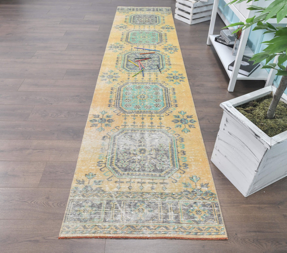 El yapımı vintage yolluk 79x353 cm çiçek desenli desenli yün - detay görünümü