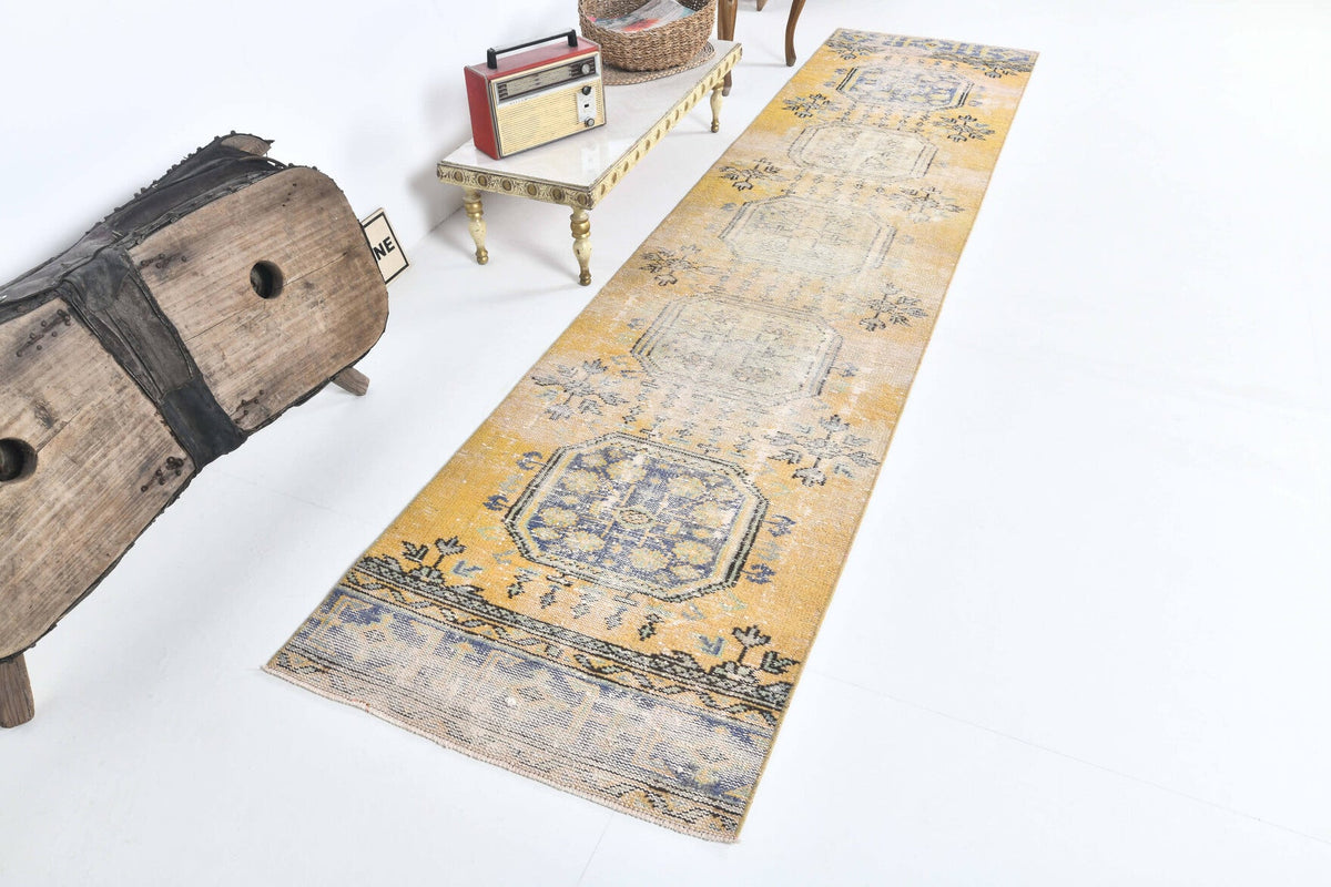 El yapımı vintage yolluk 81x338 cm i̇kat desenli yün - detay görünümü