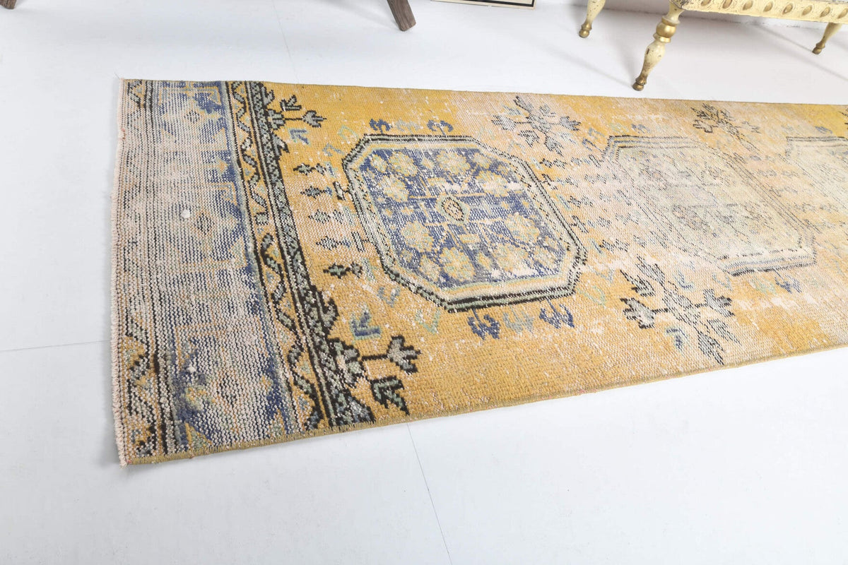 El yapımı vintage yolluk 81x338 cm i̇kat desenli yün - yakın çekim doku detayı