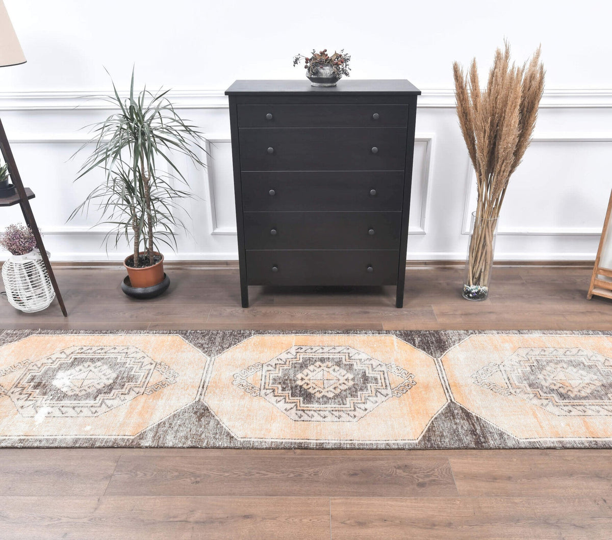 El yapımı vintage yolluk 86x335 cm geometrik desenli yün - detay görünümü