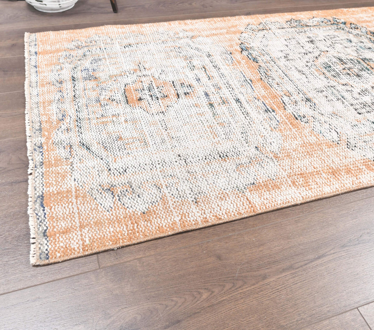 El yapımı vintage yolluk 89x335 cm geometrik desenli yün - kenar ve saçak detayı