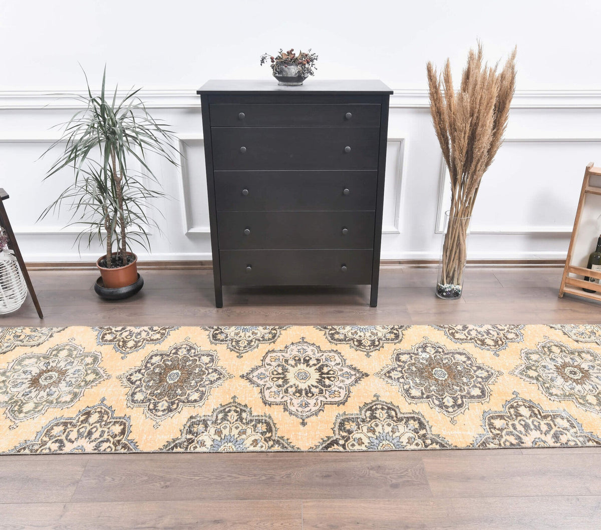 El yapımı vintage yolluk 89x345 cm çiçek desenli desenli yün - detay görünümü
