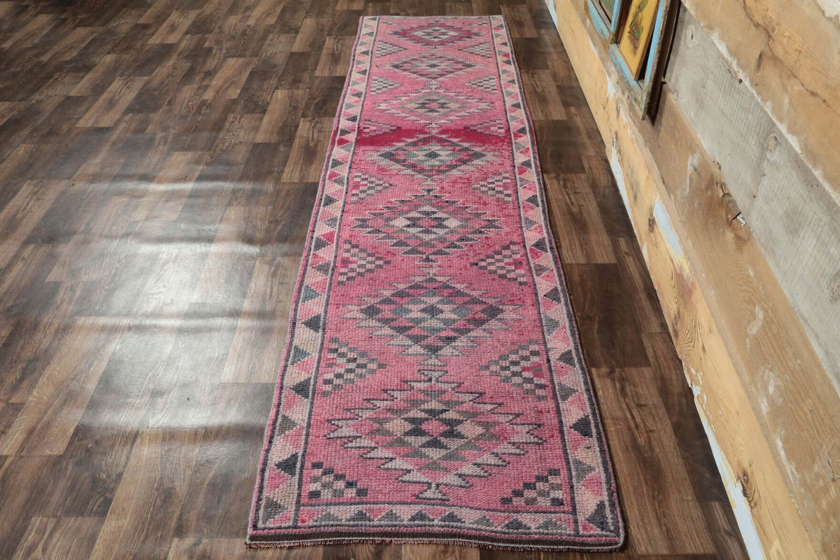 El yapımı vintage yolluk 81x333 cm i̇kat desenli yün - yakın çekim doku detayı