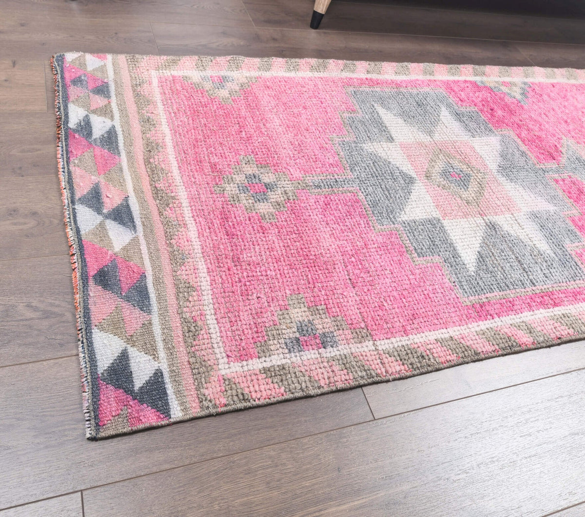 El yapımı vintage yolluk 91x340 cm geometrik desenli yün - kenar ve saçak detayı