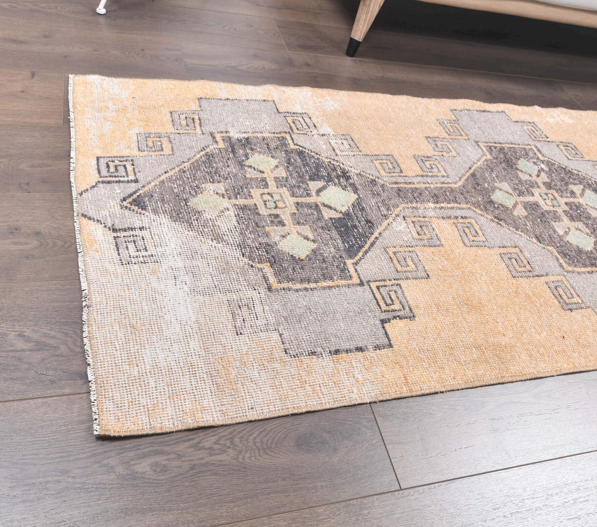 El yapımı vintage yolluk 79x340 cm geometrik desenli yün - kenar ve saçak detayı