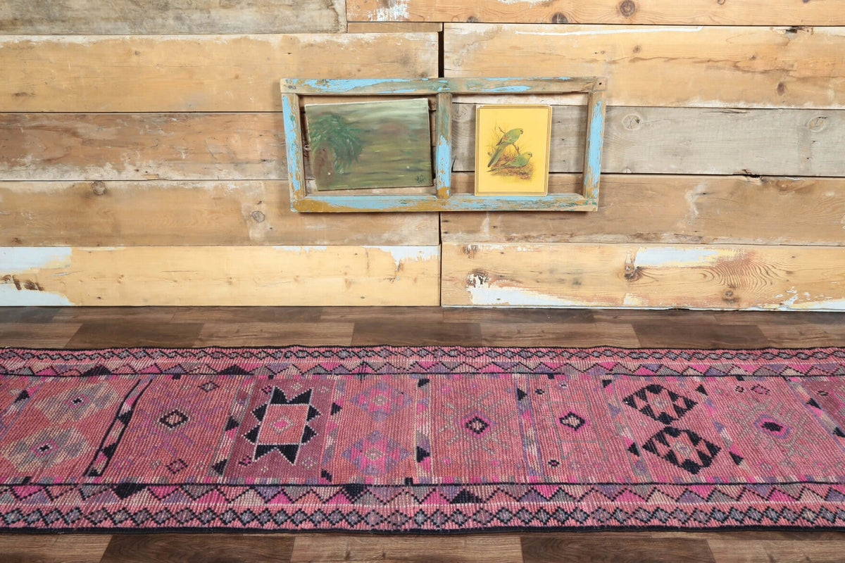 El yapımı vintage yolluk 79x338 cm geometrik desenli yün - detay görünümü