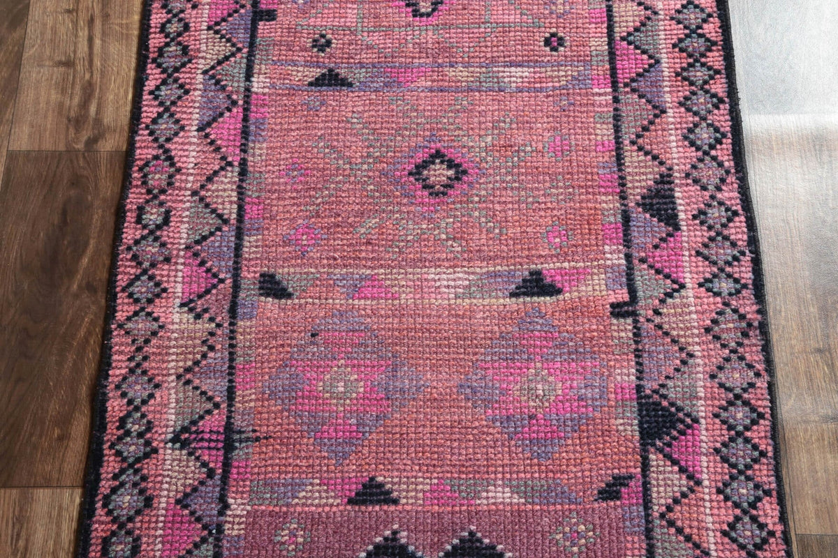 El yapımı vintage yolluk 79x338 cm geometrik desenli yün - kenar ve saçak detayı