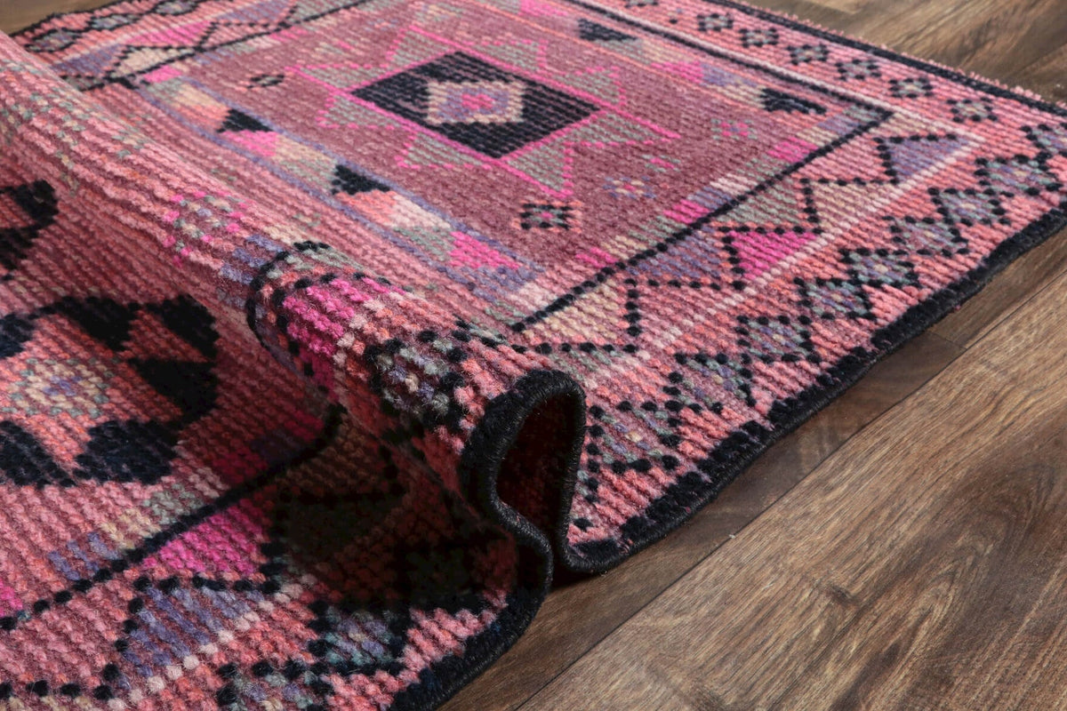 El yapımı vintage yolluk 79x338 cm geometrik desenli yün - üstten görünüm