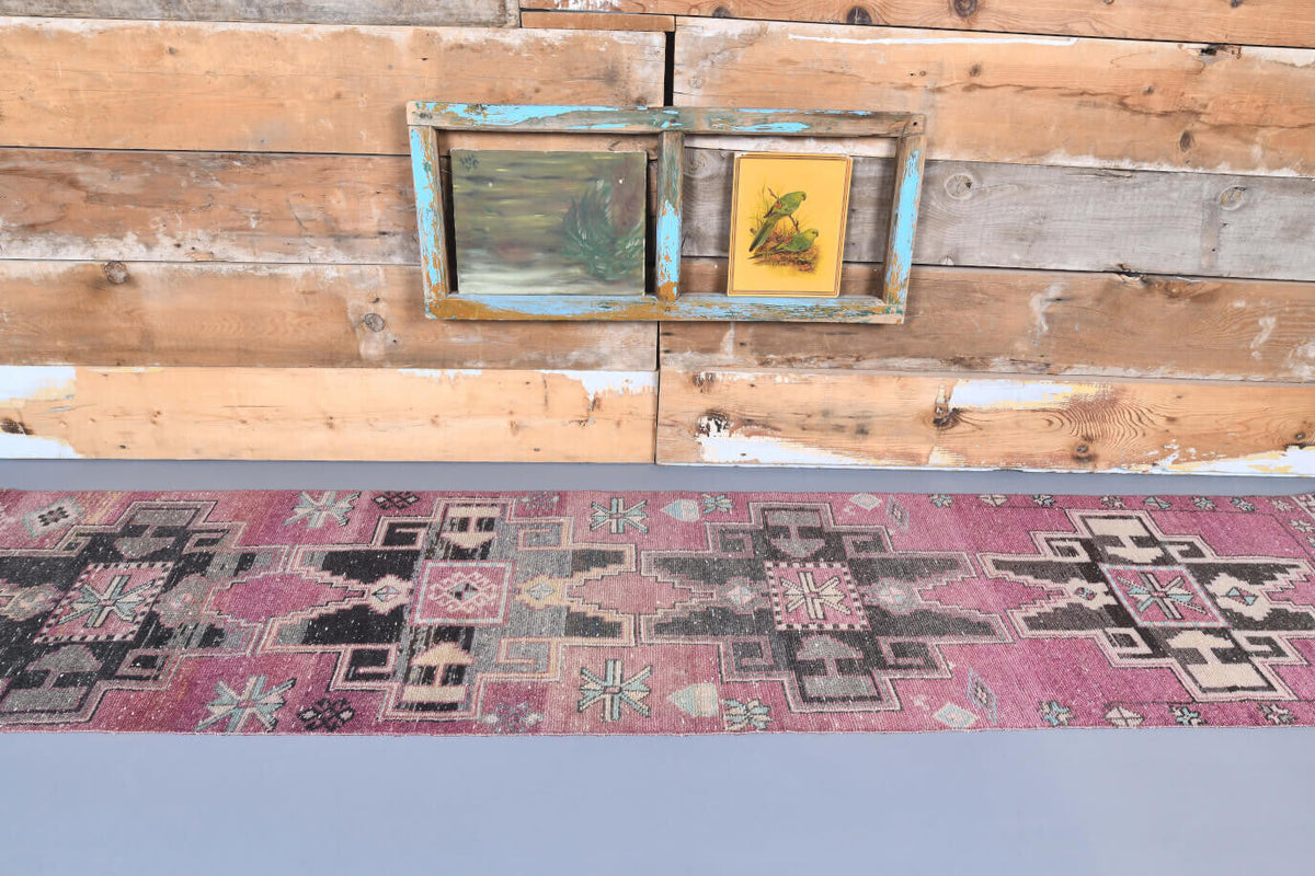 El yapımı vintage yolluk 76x340 cm tribal desenli yün - detay görünümü