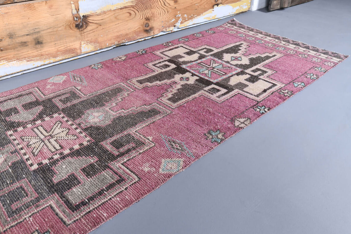 El yapımı vintage yolluk 76x340 cm tribal desenli yün - kenar ve saçak detayı