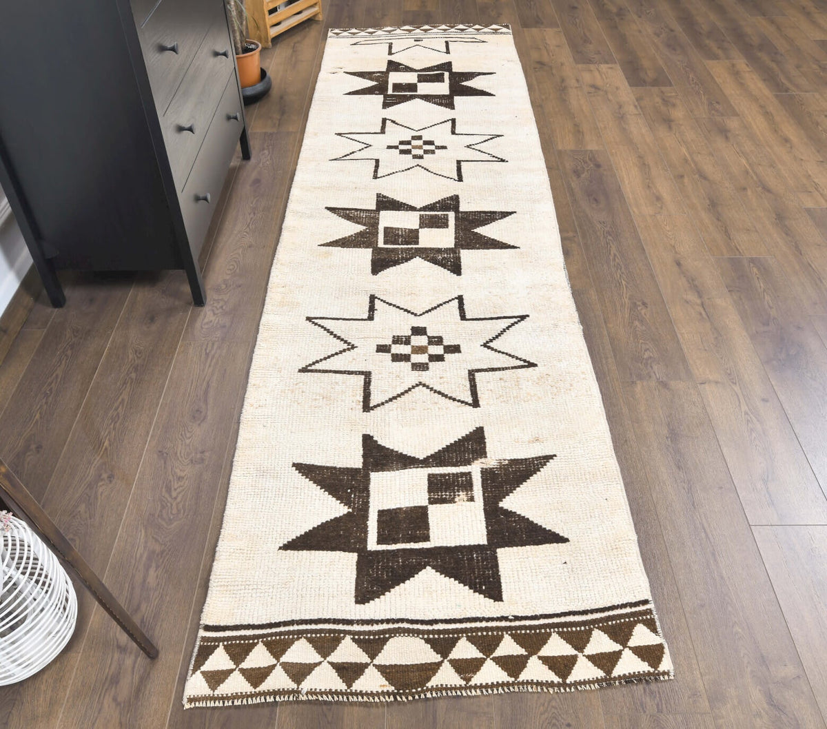 El yapımı vintage yolluk 89x320 cm i̇kat desenli yün - yakın çekim doku detayı