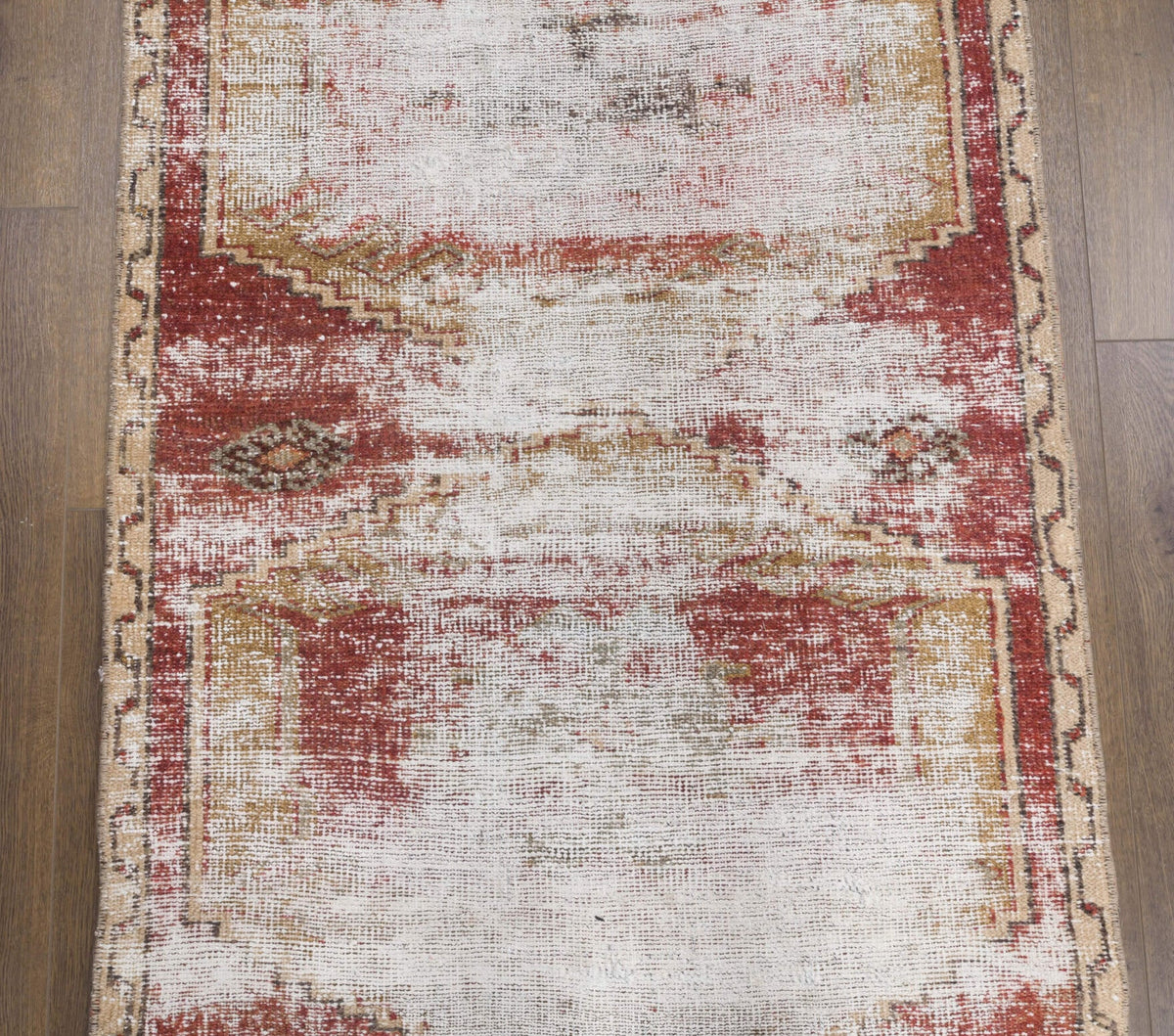 El yapımı vintage yolluk 91x345 cm geometrik desenli yün - kenar ve saçak detayı
