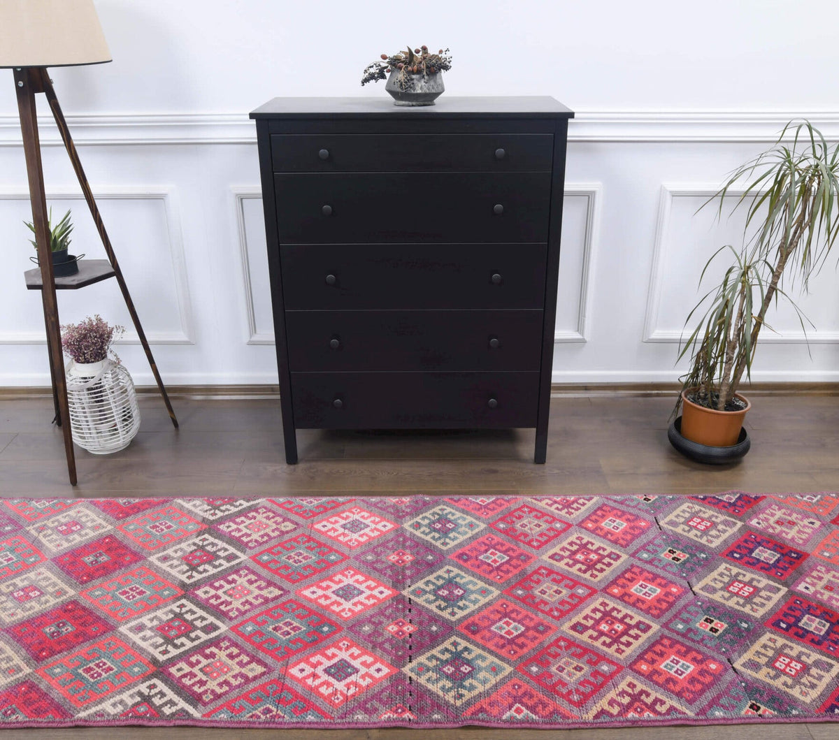 El yapımı vintage yolluk 94x345 cm i̇kat desenli yün - detay görünümü