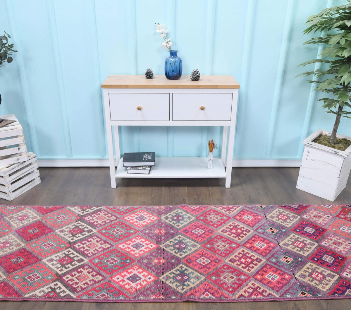 El yapımı vintage yolluk 94x345 cm i̇kat desenli yün - üstten görünüm