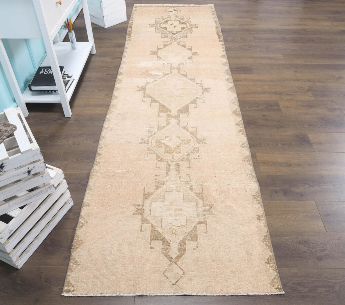El yapımı vintage yolluk 94x348 cm tribal desenli yün - detay görünümü