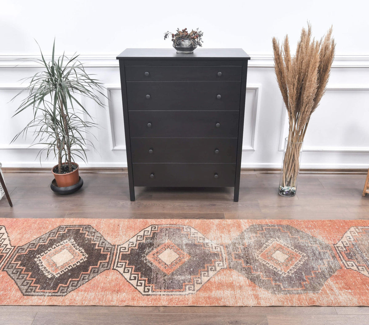 El yapımı vintage yolluk 81x338 cm geometrik desenli yün - detay görünümü