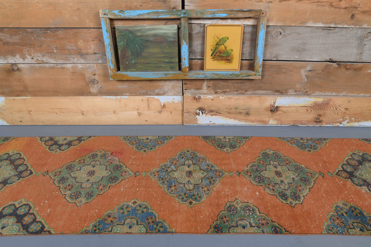 El yapımı vintage yolluk 81x335 cm i̇kat desenli yün - yakın çekim doku detayı