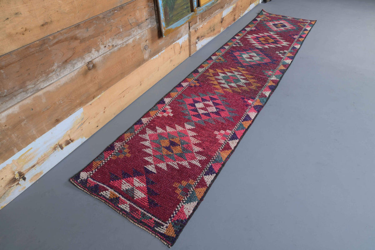 El yapımı vintage yolluk 76x333 cm i̇kat desenli yün - detay görünümü