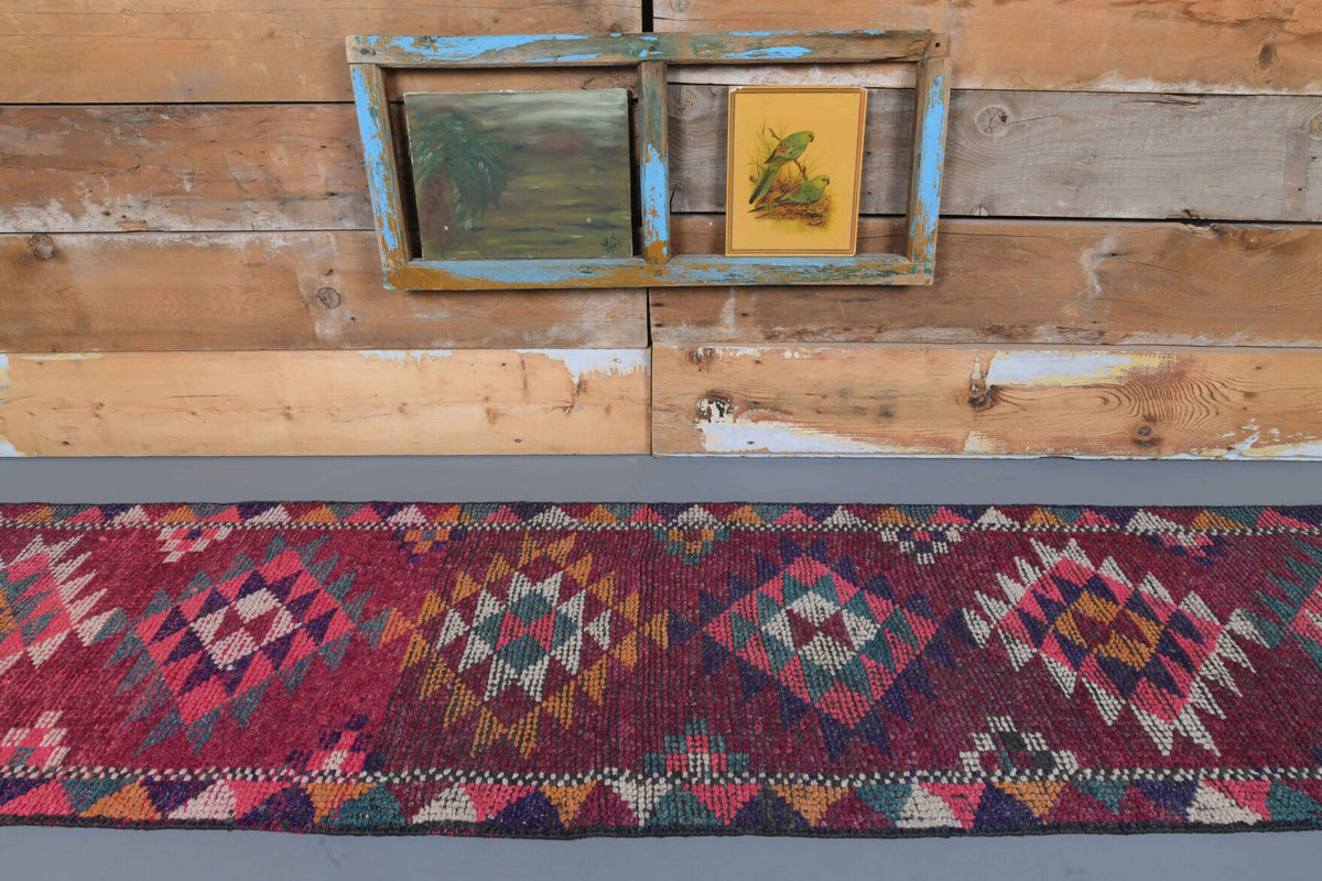 El yapımı vintage yolluk 76x333 cm i̇kat desenli yün - yakın çekim doku detayı