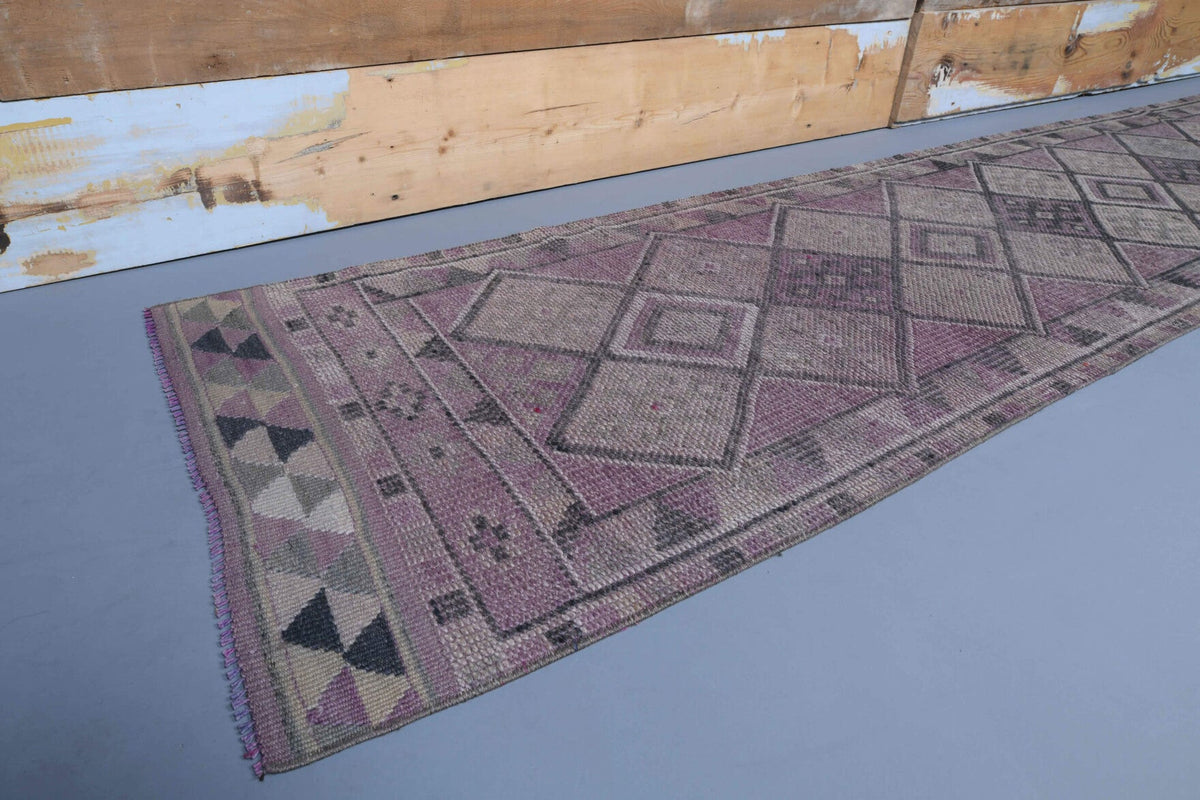 El yapımı vintage yolluk 79x333 cm geometrik desenli yün - yakın çekim doku detayı