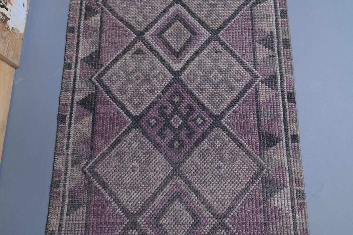 El yapımı vintage yolluk 79x333 cm geometrik desenli yün - kenar ve saçak detayı
