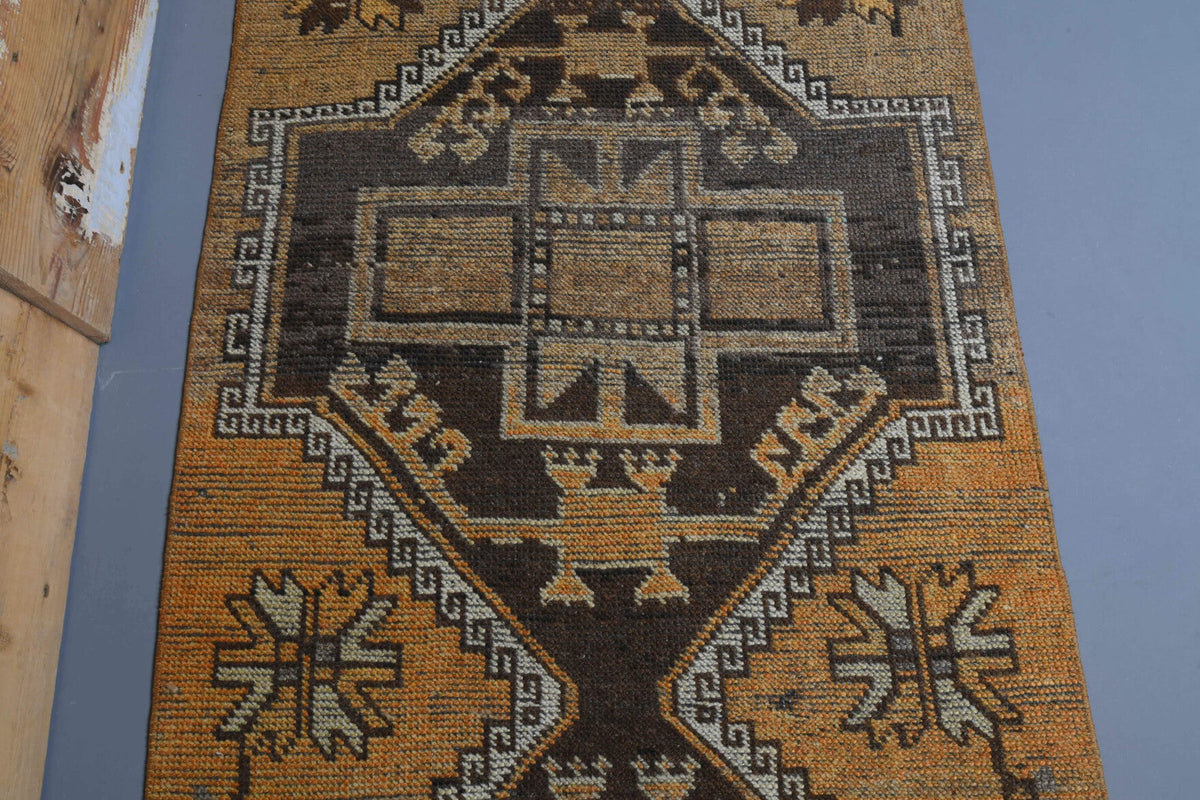 El yapımı vintage yolluk 97x325 cm geometrik desenli yün - kenar ve saçak detayı