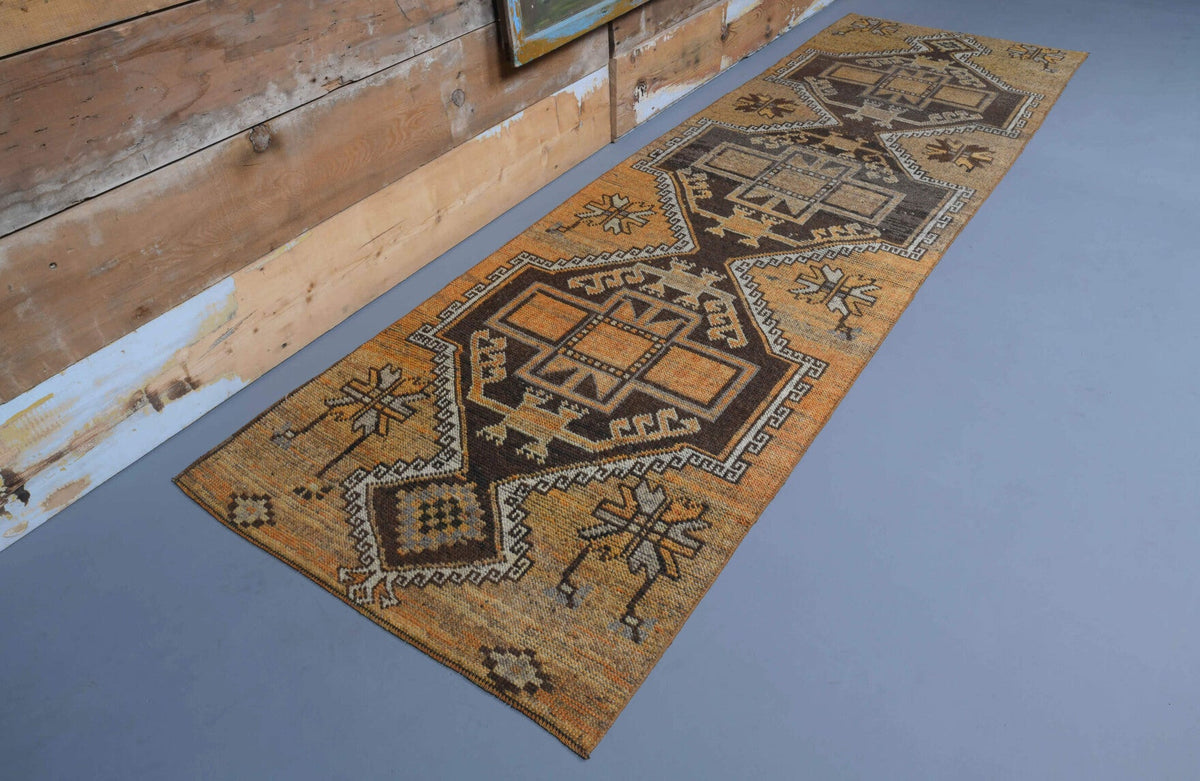 El yapımı vintage yolluk 97x325 cm geometrik desenli yün - üstten görünüm