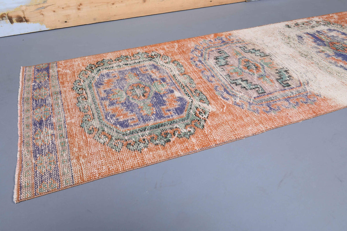 El yapımı vintage yolluk 81x338 cm oryantal desenli yün - yakın çekim doku detayı