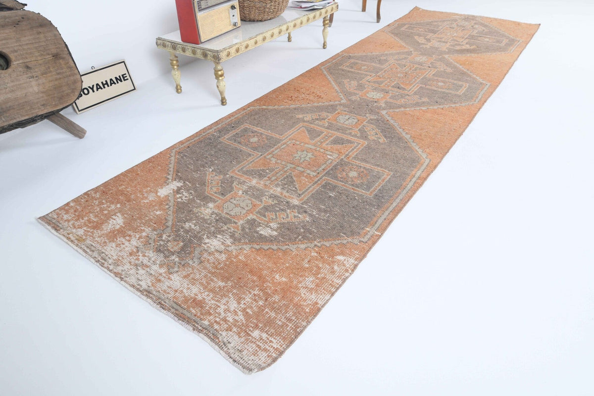 El yapımı vintage yolluk 97x325 cm geometrik desenli yün - detay görünümü