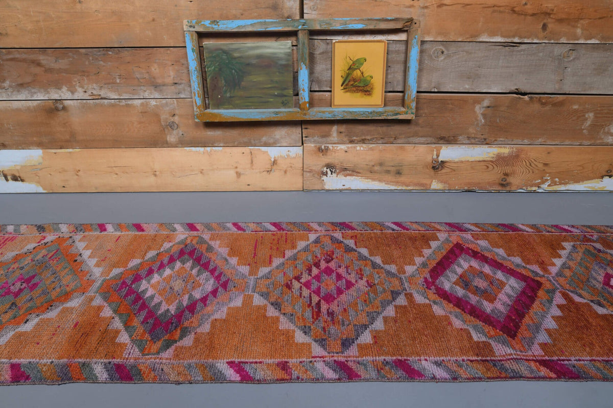 El yapımı vintage yolluk 89x325 cm i̇kat desenli yün - yakın çekim doku detayı