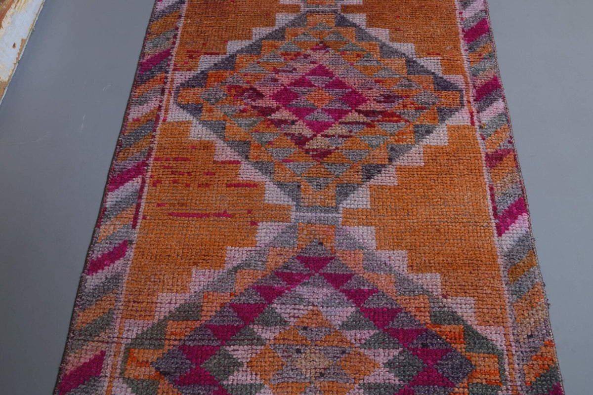 El yapımı vintage yolluk 89x325 cm i̇kat desenli yün - açık alan görünümü