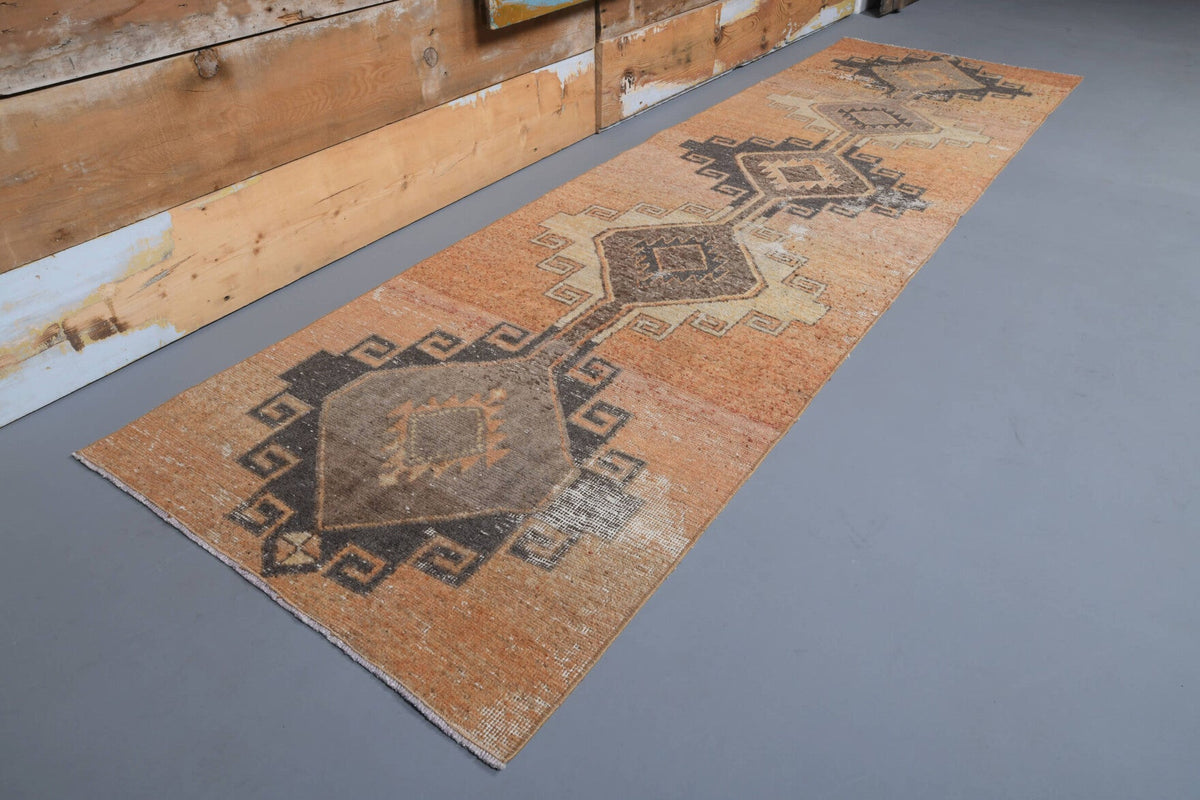 El yapımı vintage yolluk 94x325 cm geometrik desenli yün - açık alan görünümü