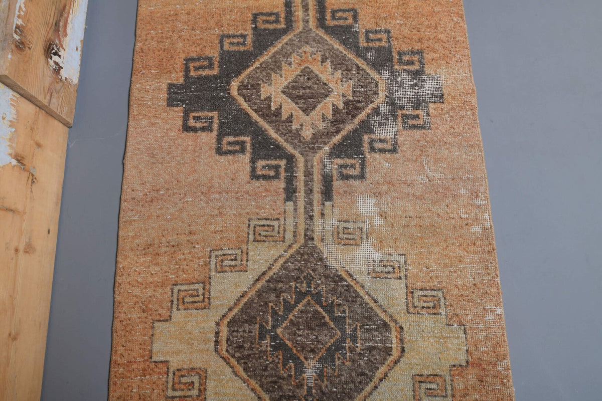 El yapımı vintage yolluk 94x325 cm geometrik desenli yün - kenar ve saçak detayı