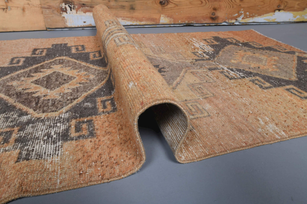 El yapımı vintage yolluk 94x325 cm geometrik desenli yün - üstten görünüm