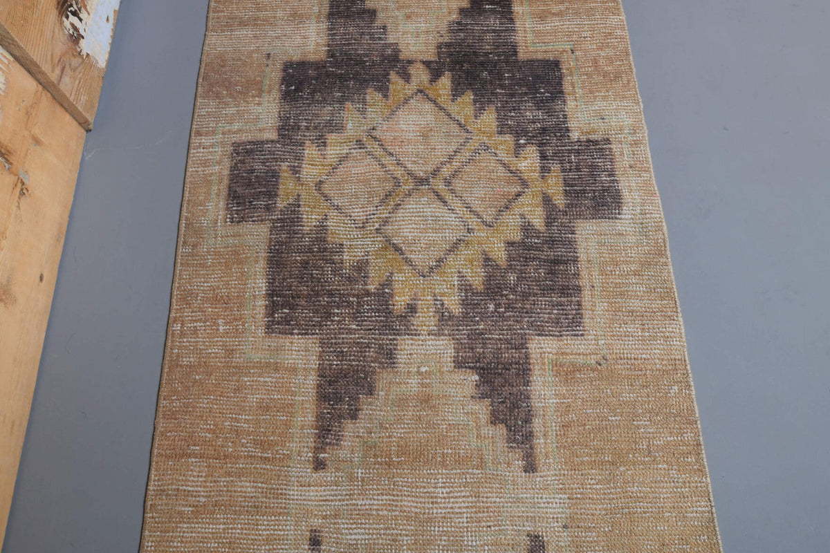 El yapımı vintage yolluk 79x338 cm geometrik desenli yün - kenar ve saçak detayı