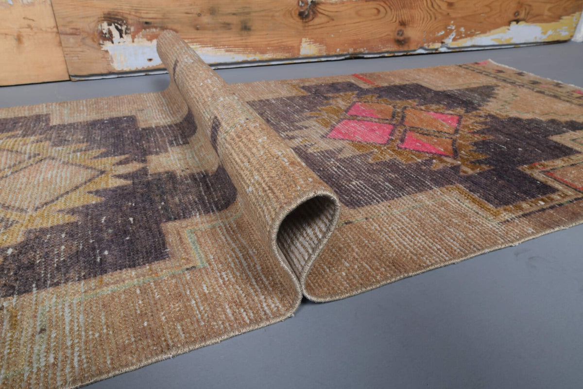 El yapımı vintage yolluk 79x338 cm geometrik desenli yün - üstten görünüm