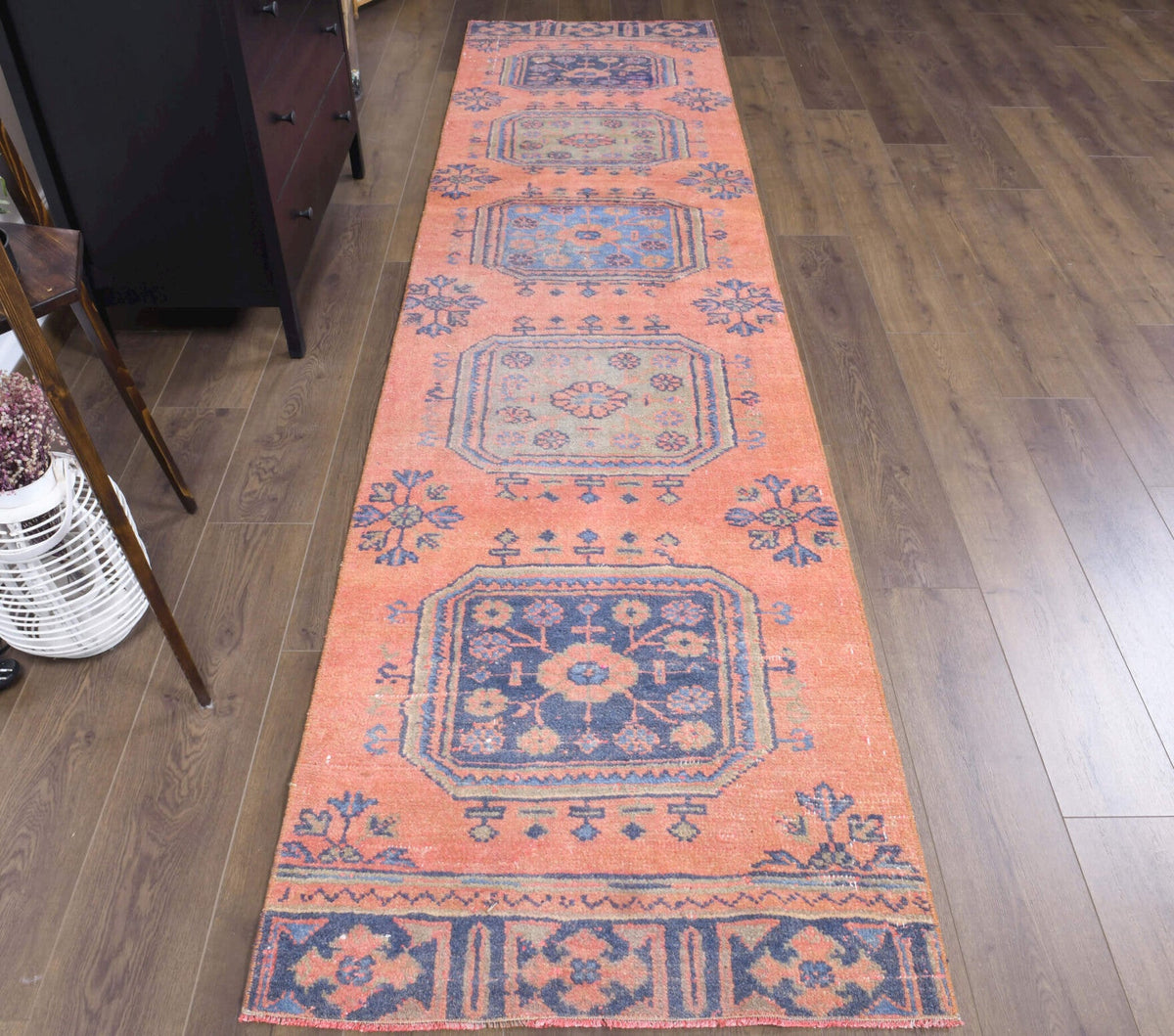 El yapımı vintage yolluk 89x345 cm çiçek desenli desenli yün - detay görünümü