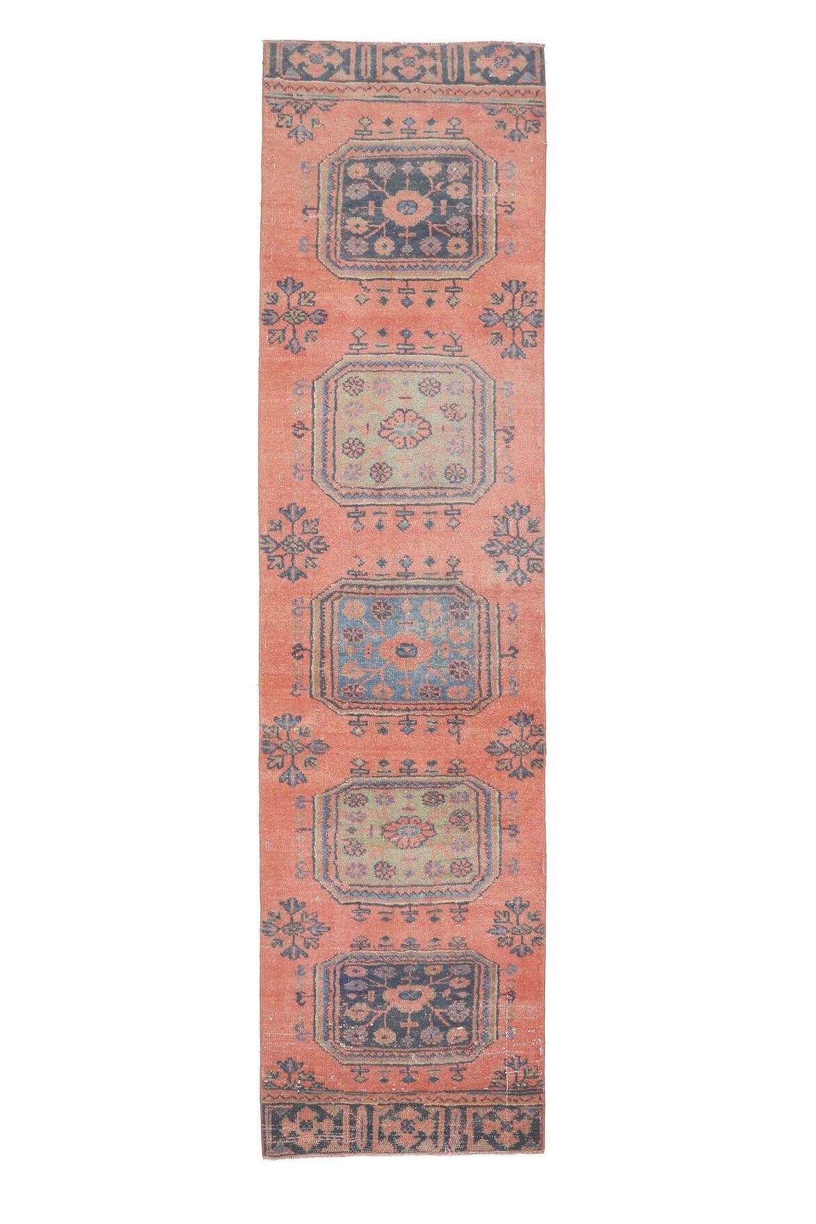 El yapımı vintage yolluk 89x345 cm çiçek desenli desenli yün - açık alan görünümü