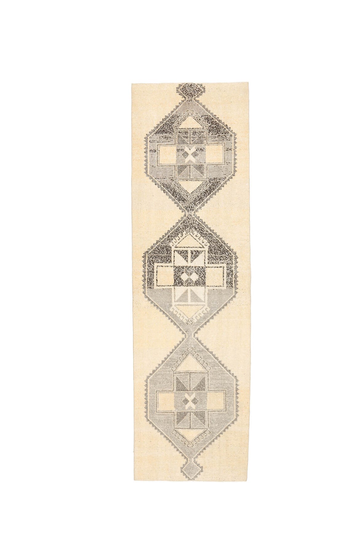 95x330 cm turuncu ve bej geometrik desenli el dokuma vintage yolluk – üstten tam görünüm