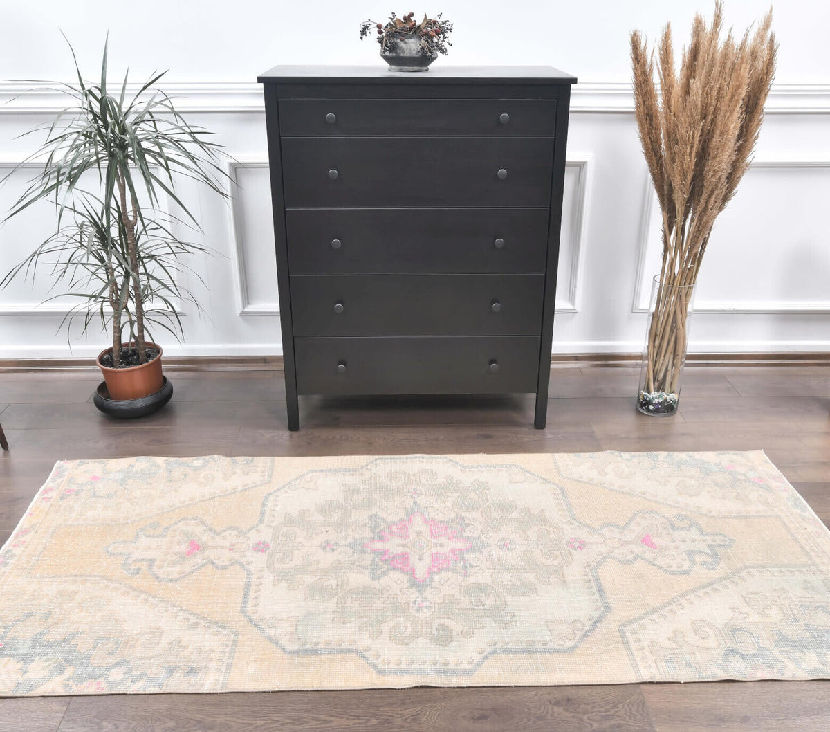 El yapımı vintage yolluk 94x325 cm çiçek desenli desenli yün - detay görünümü
