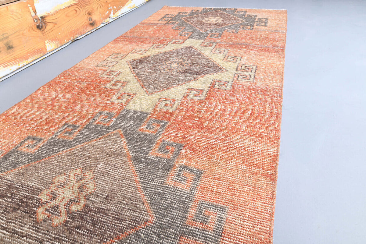 El yapımı vintage yolluk 91x335 cm i̇kat desenli yün - kenar ve saçak detayı