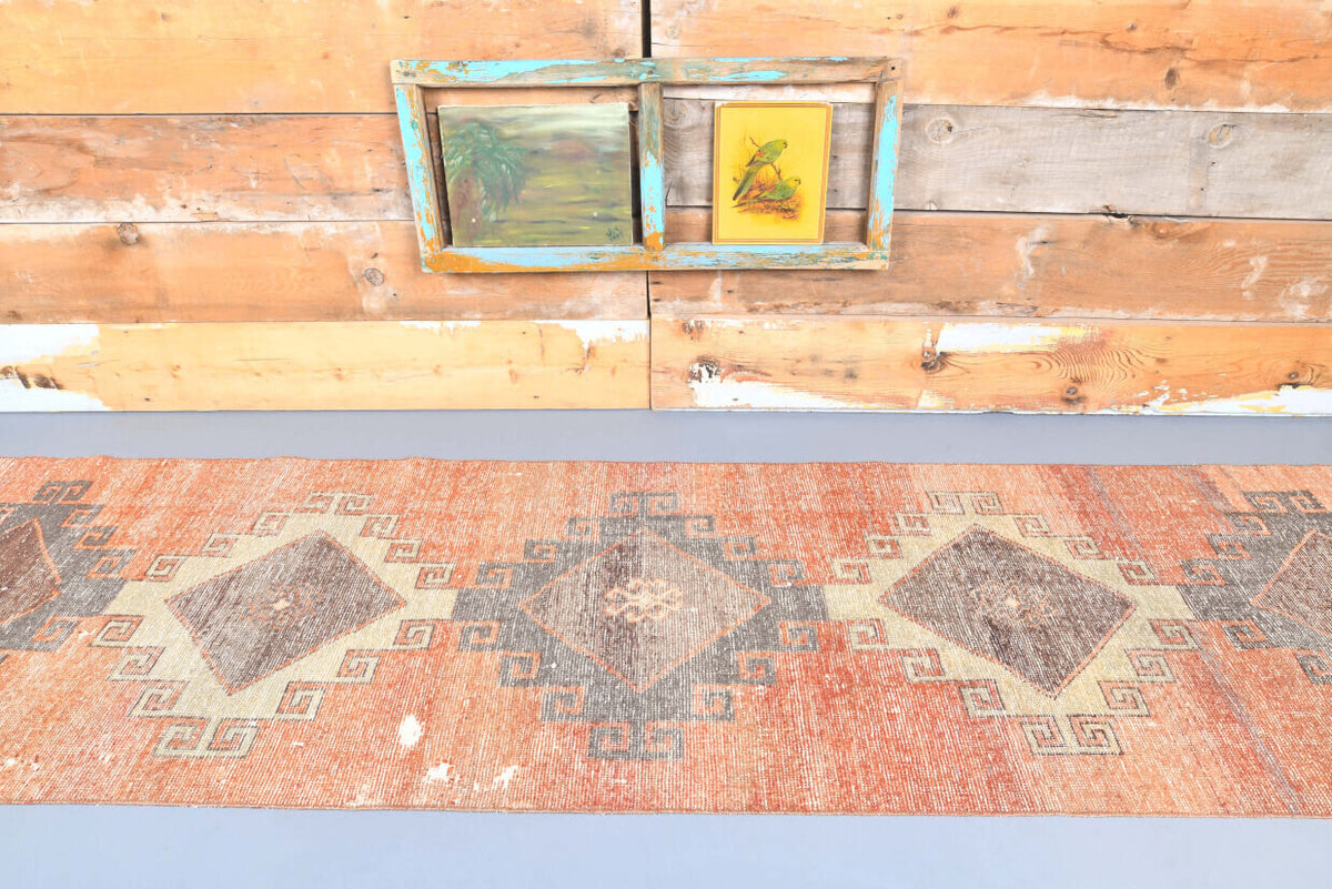 El yapımı vintage yolluk 91x335 cm i̇kat desenli yün - üstten görünüm