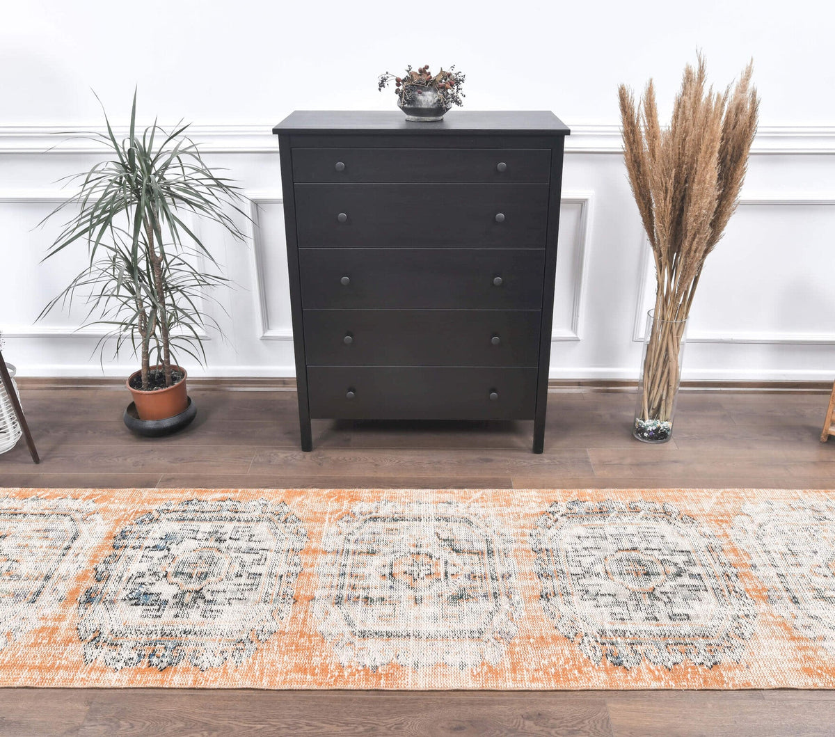 El yapımı vintage yolluk 86x340 cm geometrik desenli yün - detay görünümü