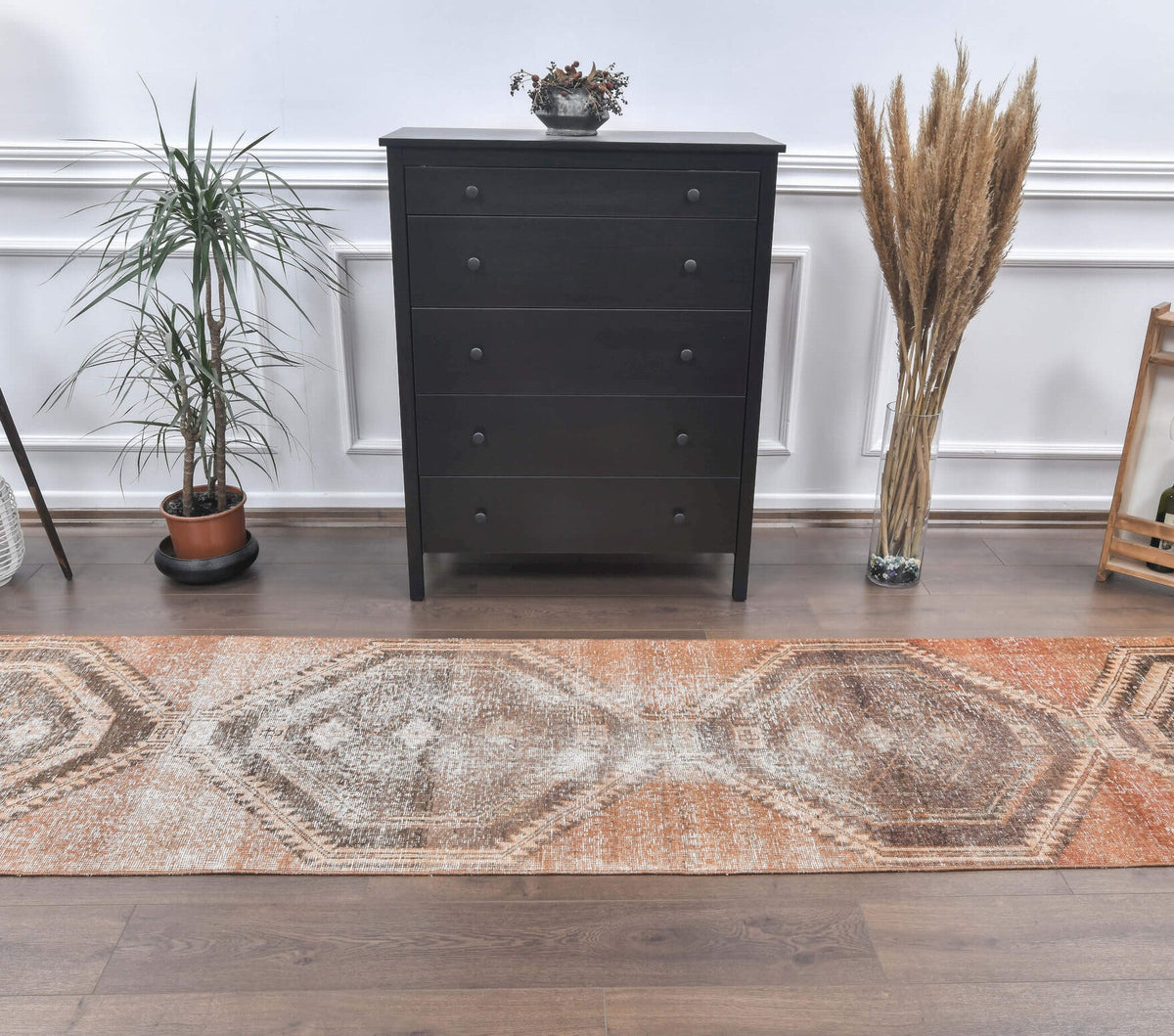 El yapımı vintage yolluk 81x353 cm geometrik desenli yün - detay görünümü