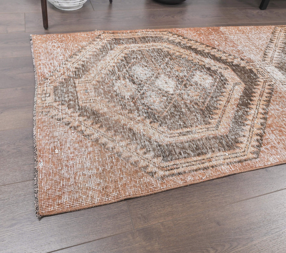 El yapımı vintage yolluk 81x353 cm geometrik desenli yün - kenar ve saçak detayı