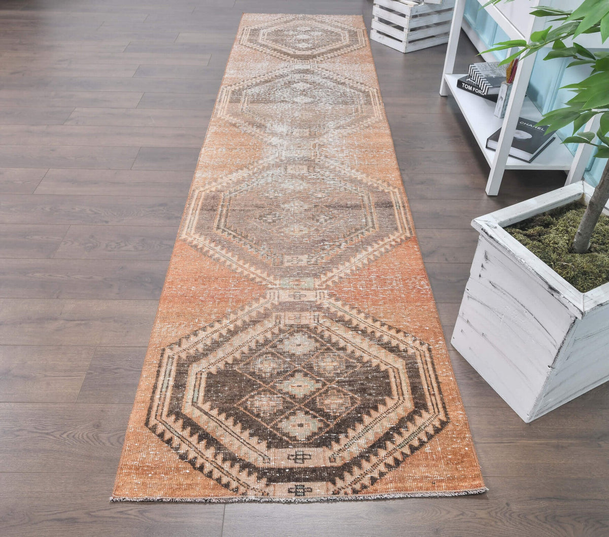 El yapımı vintage yolluk 81x353 cm geometrik desenli yün - üstten görünüm