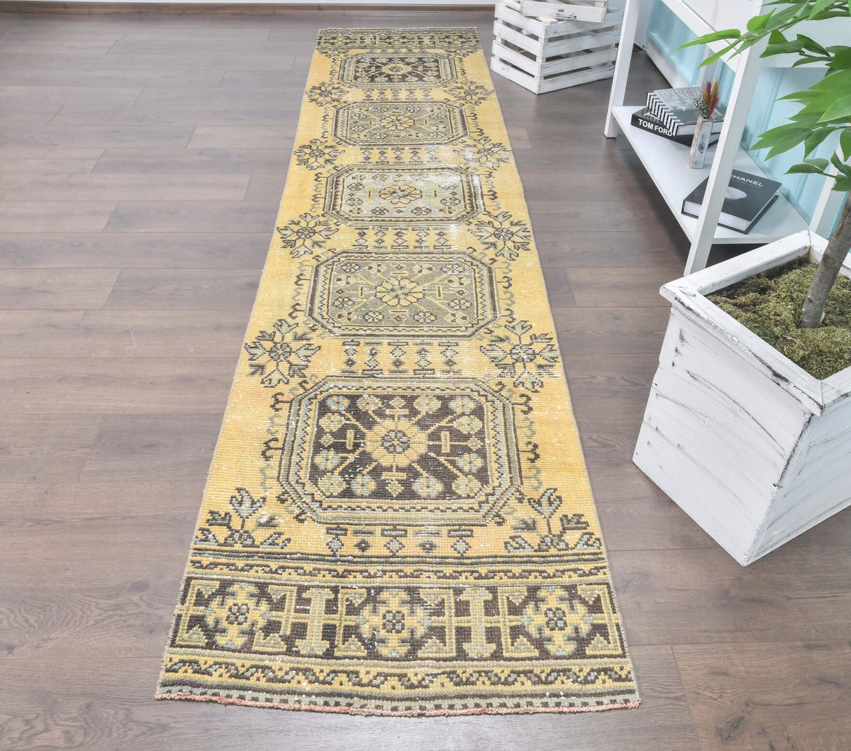 Vintage Oushak Runner Yellow Rug